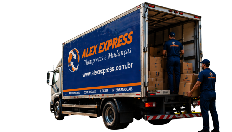 Caminhão e equipe da Alex Express carregando mudança